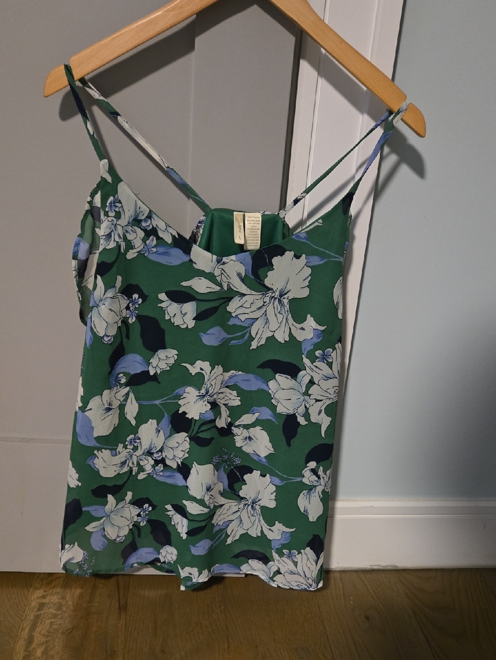 Japna Green Floral Spaghetti-Strap Cami with Blue & White Blooms
